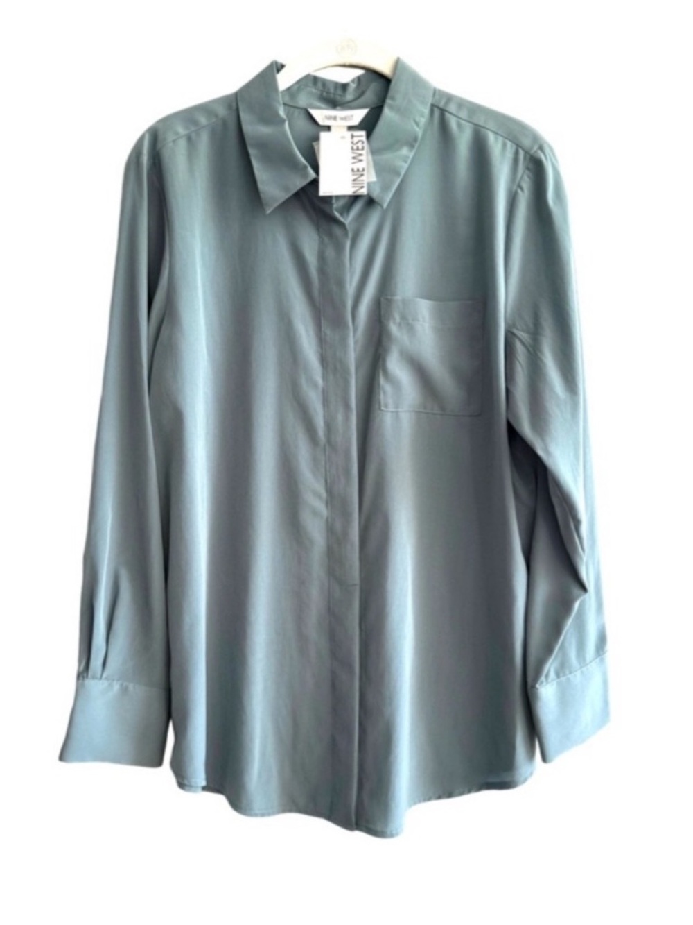 NEW Nine West Button Down Shirt Long Sleeve Blouse Light Teal Green Blue Size LP